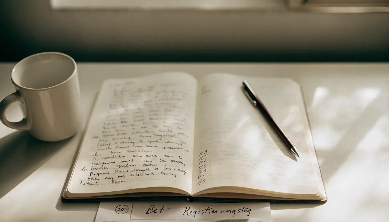 Ein aufgeschlagenes Notizbuch mit handschriftlichen Notizen und ein Kugelschreiber liegen auf einem hellen Schreibtisch neben einer Kaffeetasse.