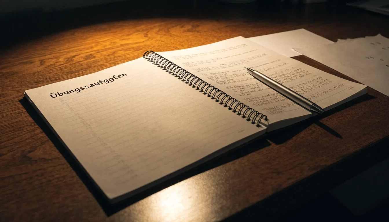 Ein Taschenrechner und ein Blatt Papier mit handschriftlichen Notizen liegen auf einem Schreibtisch unter dem warmen Licht einer Lampe.