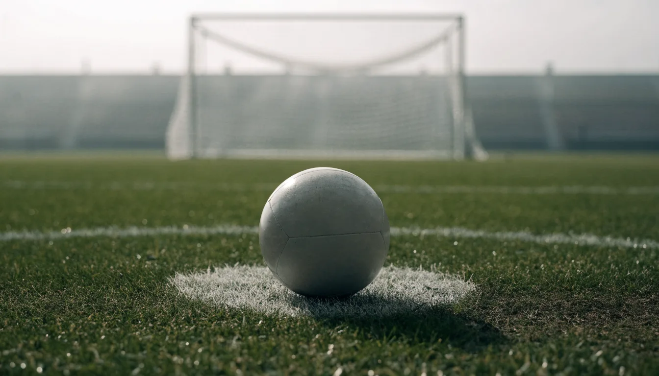 Ein Fußball liegt auf dem Elfmeterpunkt eines leeren Rasenplatzes, im Hintergrund eine Tribüne im Dunst.