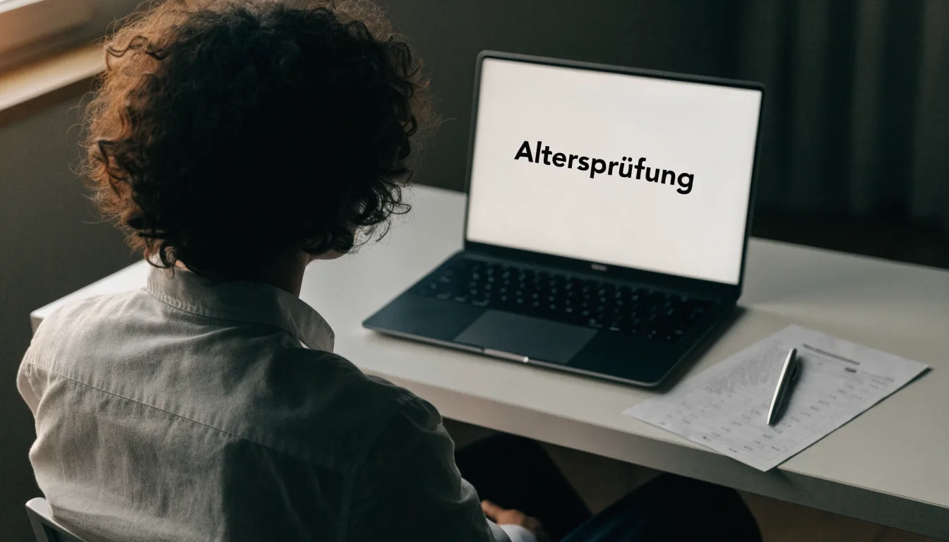 Eine Waage aus Messing und ein geschlossener Aktenordner ohne Beschriftung stehen auf einem polierten Schreibtisch vor einem Fenster.