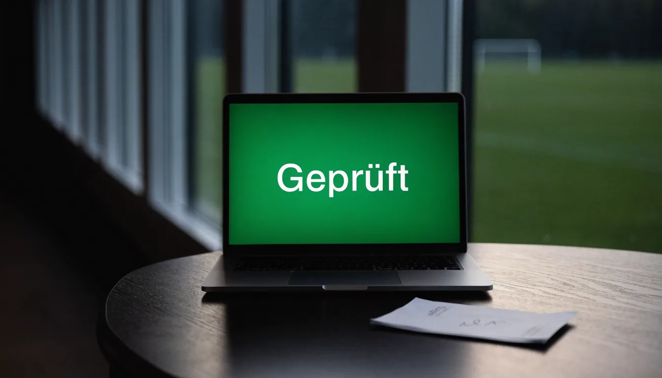 Ein Fußballtor mit Netz bei Sonnenuntergang auf einem leeren Platz, die Schatten der Torpfosten liegen lang auf dem Gras.
