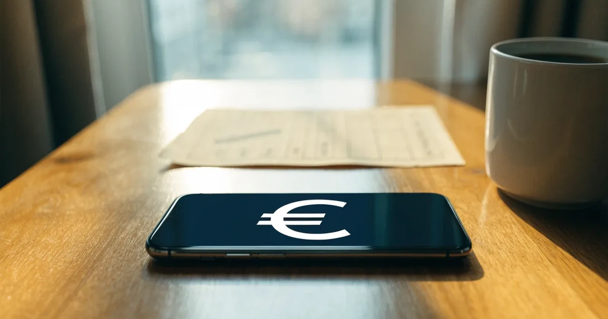 Zwei Euro-Scheine und ein Smartphone liegen auf einem Holztisch neben einer Tasse, im Hintergrund ein unscharfes Fenster.