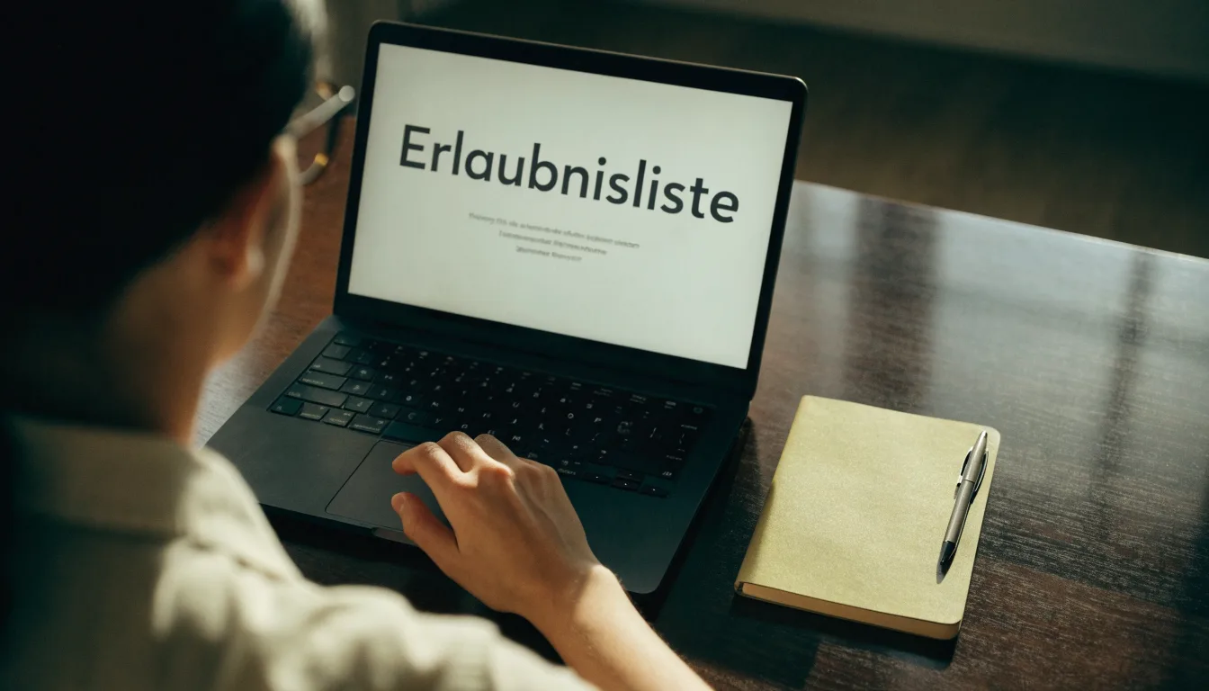 Eine Waage aus Messing und ein geschlossener Aktenordner ohne Beschriftung stehen auf einem polierten Schreibtisch.