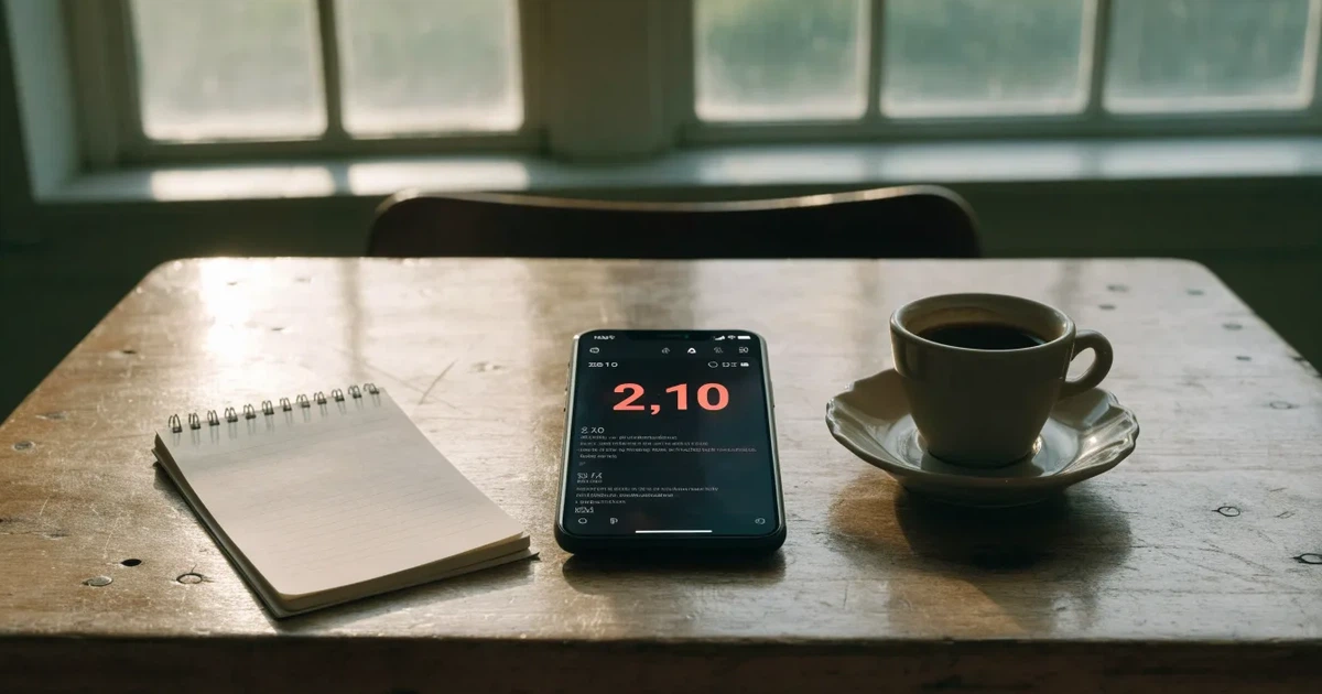 Ein Smartphone mit dunklem Bildschirm liegt auf einem Tisch in einem Café, daneben eine Tasse und ein Notizbuch.