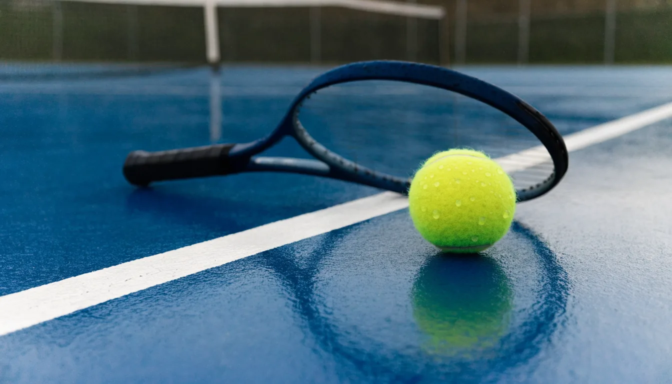 Zwei Tennisbälle und ein Schläger liegen auf der Grundlinie eines Hartplatzes, kleine Wassertropfen glänzen auf dem Belag.