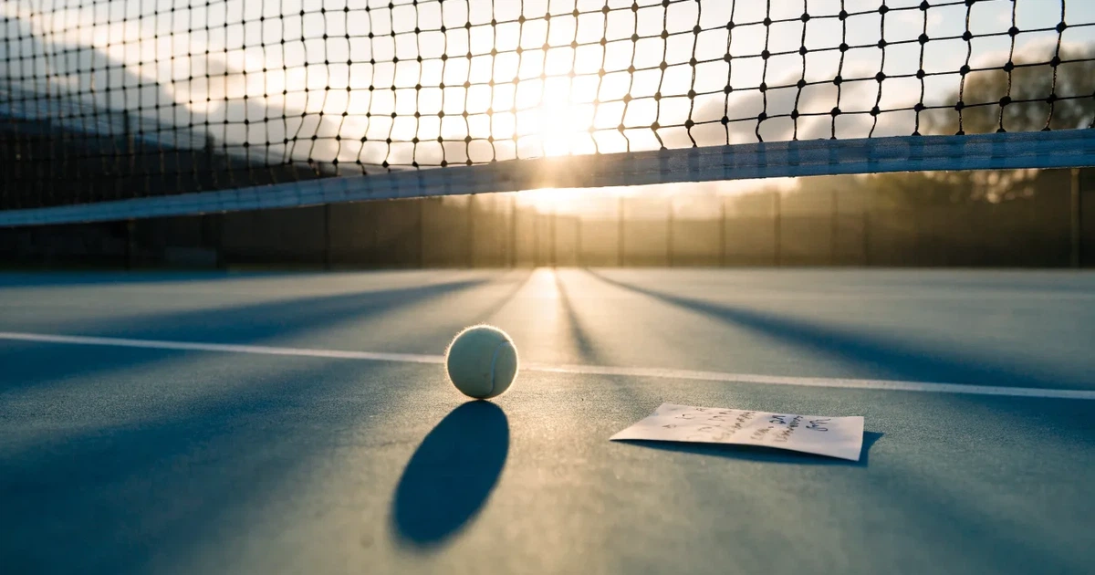 Ein leerer Tennisplatz mit Hartplatzbelag in der Morgendämmerung, das Netz im Gegenlicht und lange Schatten der Linien.