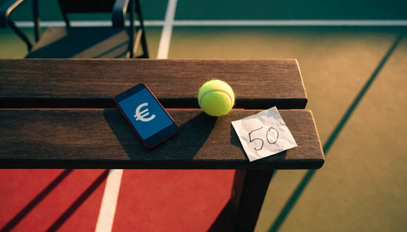 Ein leerer Schiedsrichterstuhl am Spielfeldrand eines Tennisplatzes im Abendlicht, lange Schatten auf dem Belag.