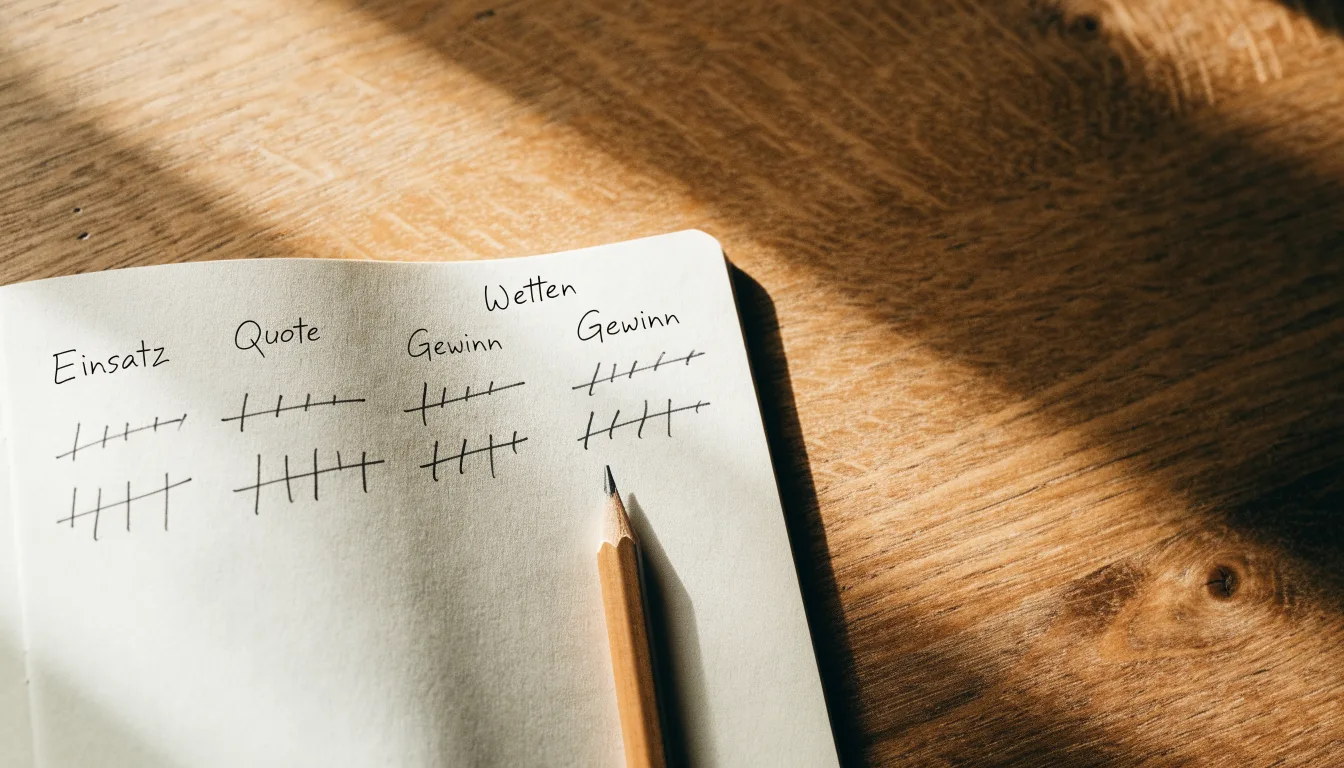 Ein handschriftlich geführtes Heft mit Strichlisten liegt neben einem Bleistift auf einem Tisch, seitlich fällt Tageslicht herein.