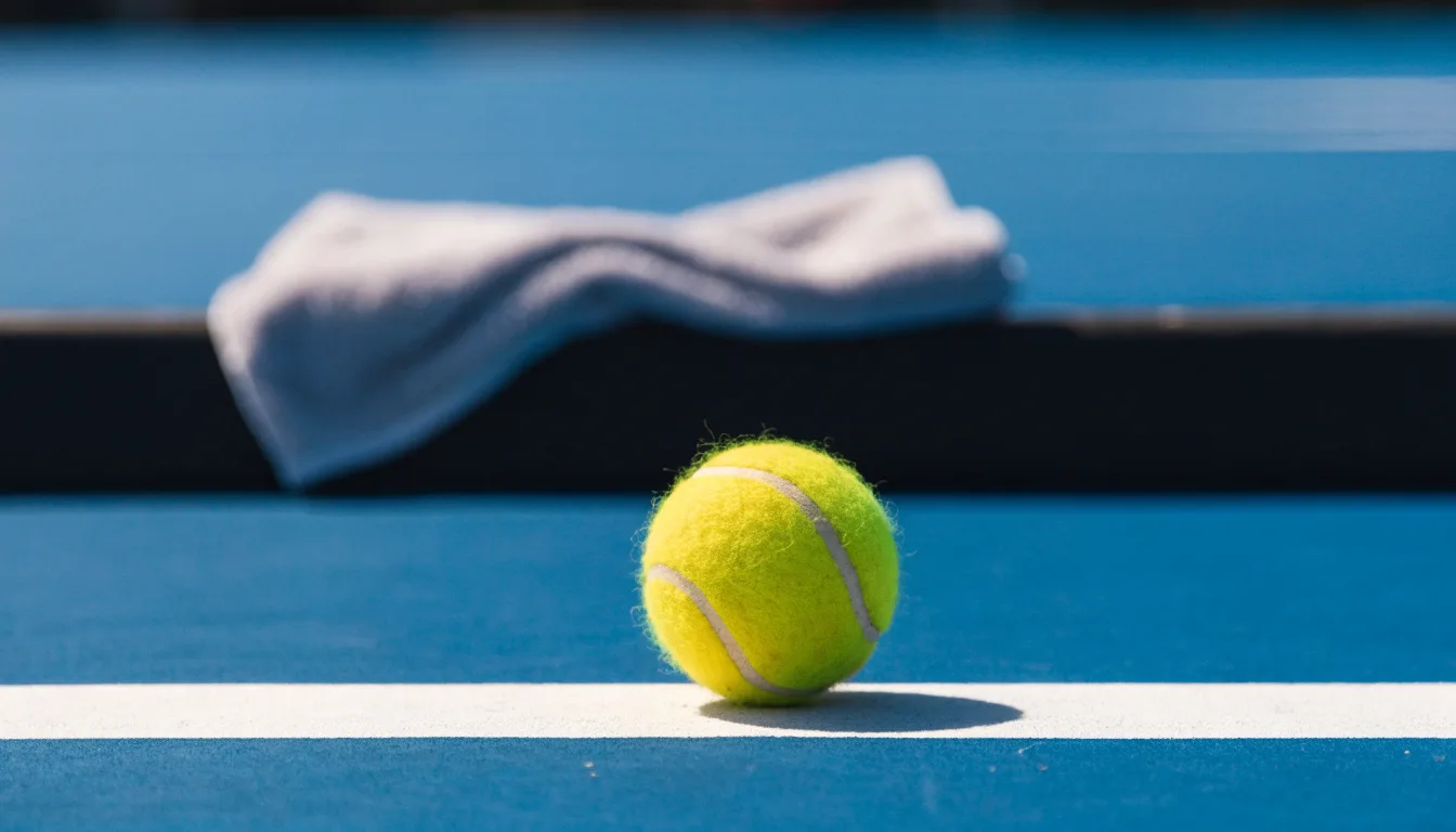 Ein gelber Tennisball liegt auf einer weißen Linie, daneben ein Handtuch auf einer Bank am Spielfeldrand.