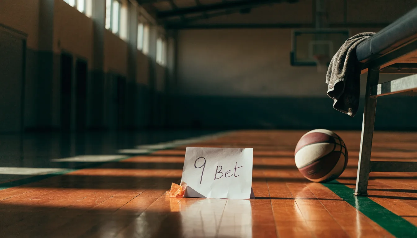 Ein Basketball liegt auf der Freiwurflinie einer Halle, im Vordergrund ein Handtuch auf einer Bank.