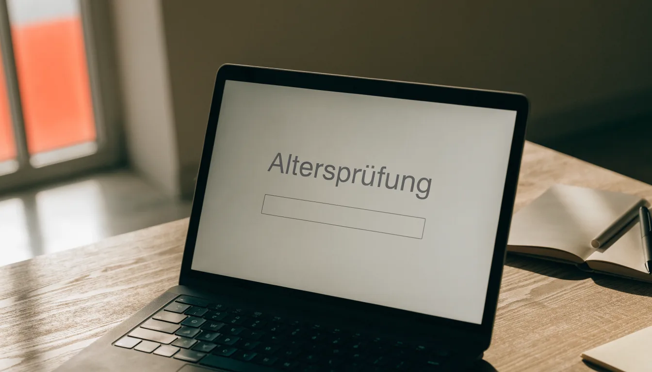 Ein Aktenordner ohne Beschriftung und ein Füllfederhalter liegen auf einem Schreibtisch vor einem Fenster.