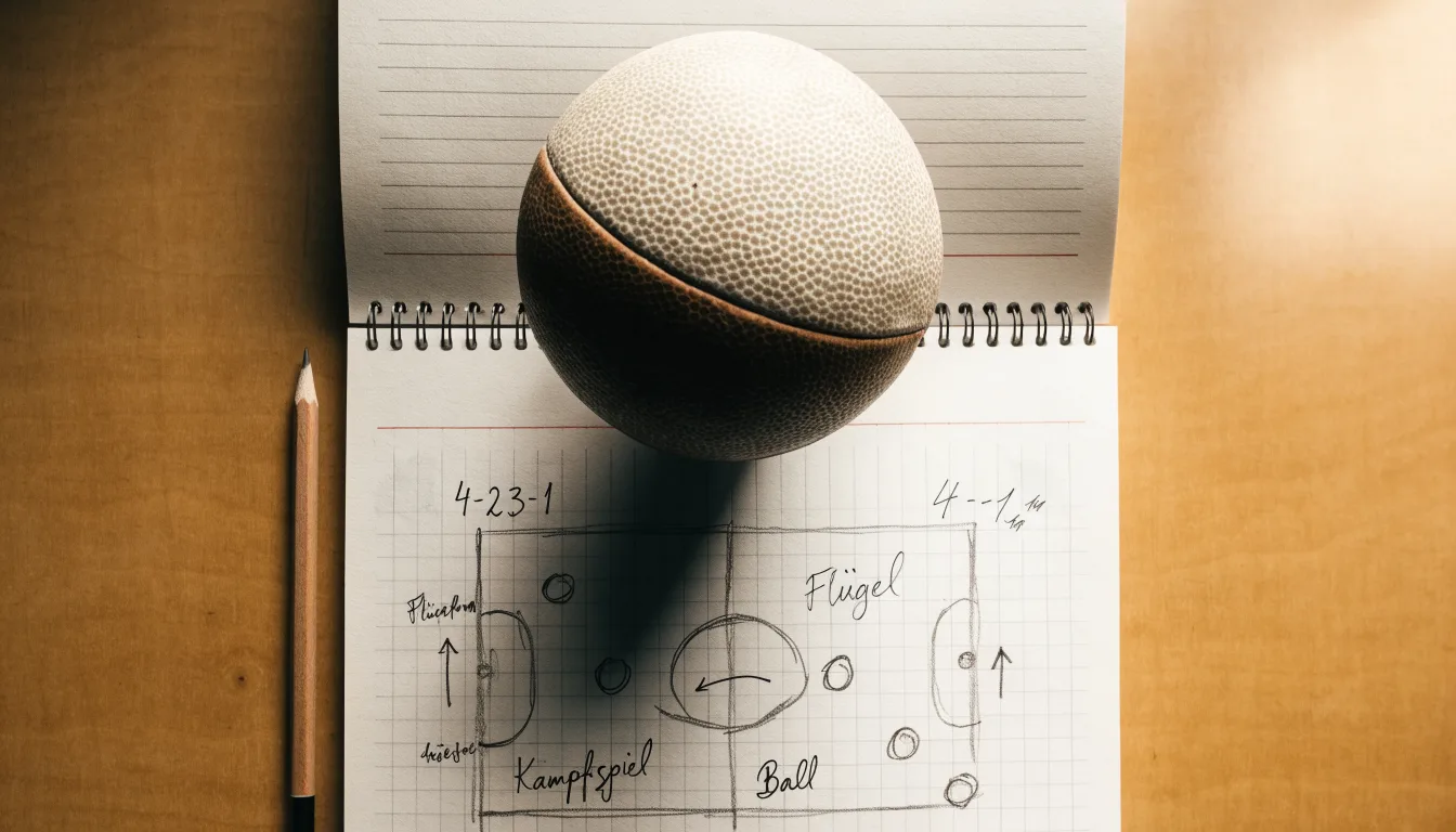 Ein Fußball liegt auf einem Notizbuch mit handgezeichneten Skizzen von Spielzügen, aufgenommen von oben auf einem Holztisch.