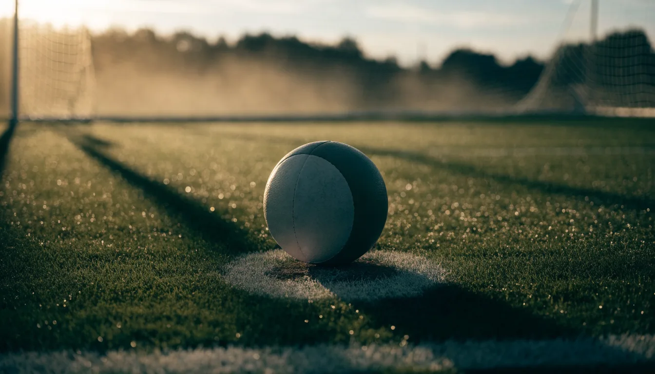 Ein Fußball liegt auf dem Anstoßpunkt eines Rasens bei Sonnenaufgang, Tau glitzert auf den Halmen.