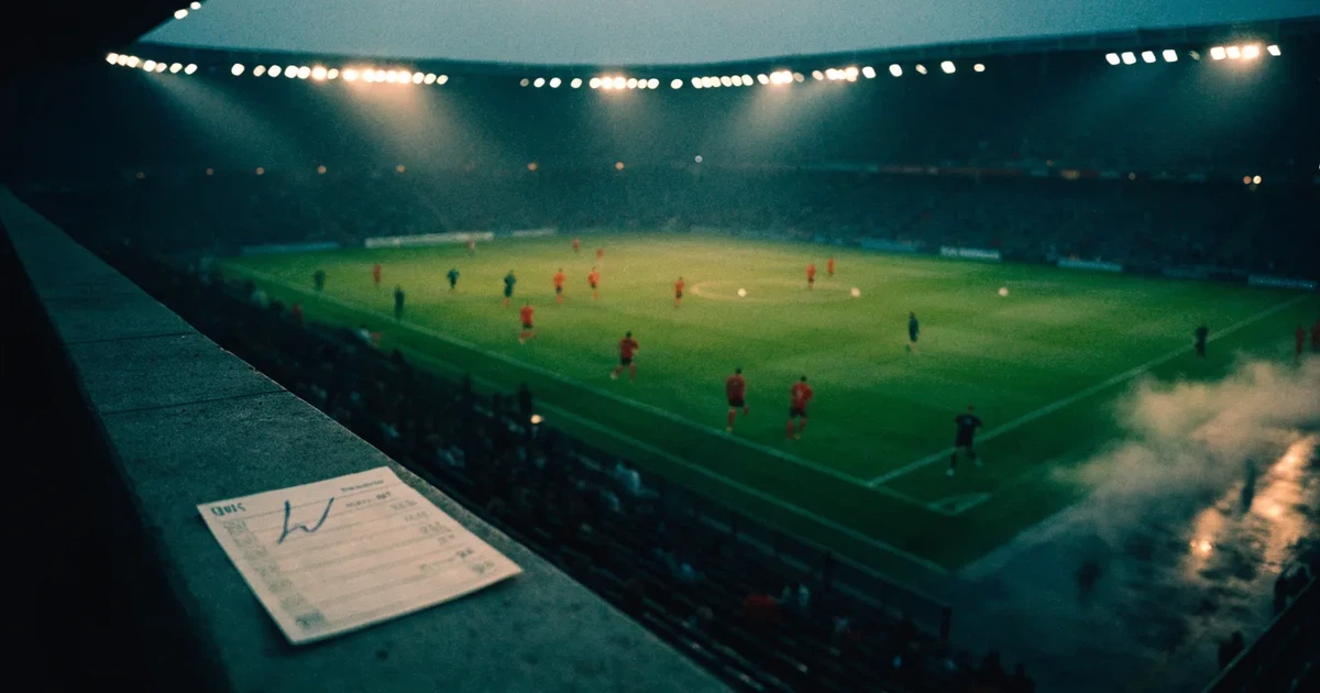 Ein großes Fußballstadion bei Flutlicht von außen, davor ein leerer Vorplatz mit nassem Pflaster und Dunst.