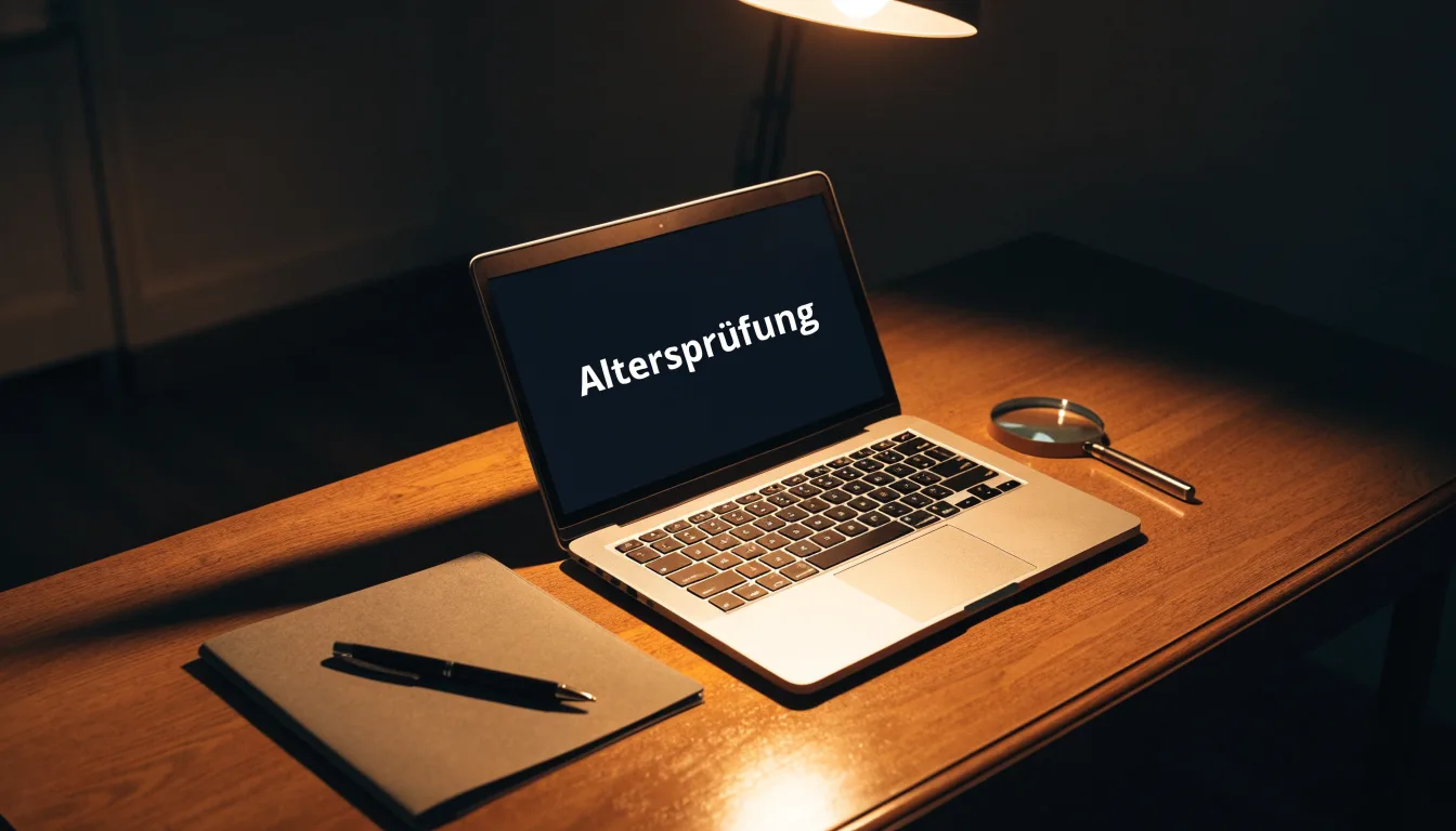 Ein Schreibtisch mit Kugelschreiber, Lupe und einem geschlossenen Ordner ohne Beschriftung in warmem Lampenlicht.