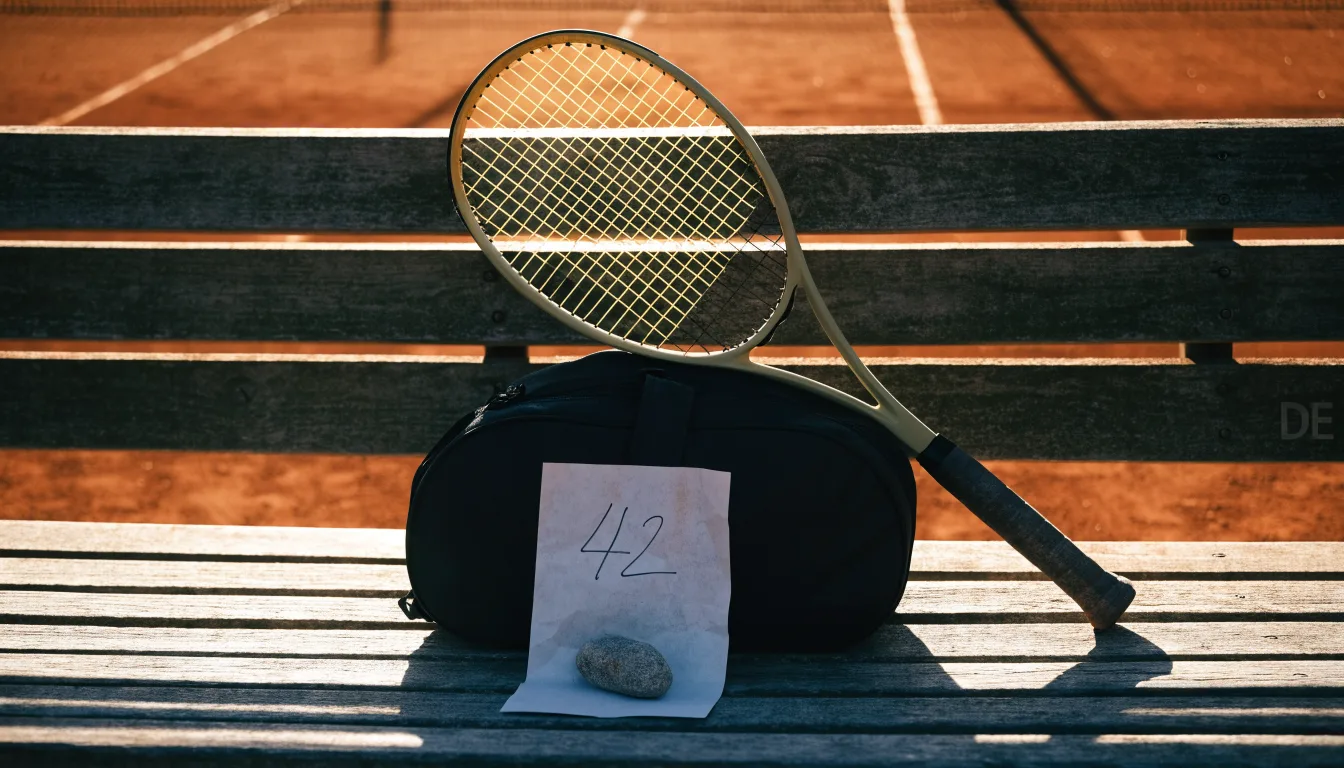 Ein Tennisschläger lehnt an einer Bank neben einer Sporttasche, im Hintergrund ein leerer Platz.