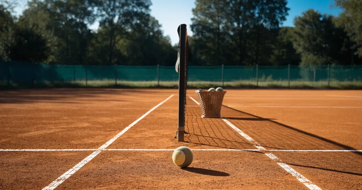Ein Sandplatz mit frisch gezogenen Linien in der Nachmittagssonne, Netz und Ballkorb am Rand, keine Menschen.