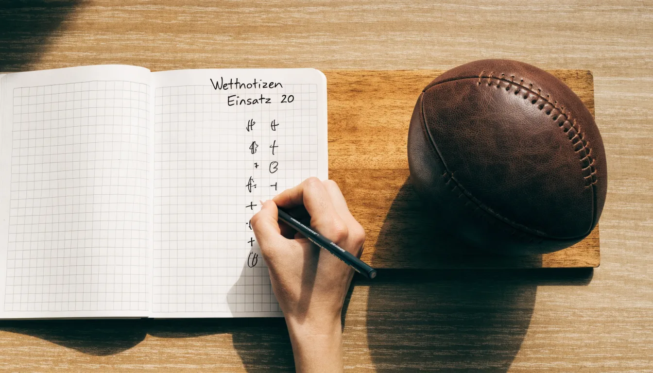 Eine Hand notiert mit Bleistift Zahlen in ein kariertes Heft, daneben liegt ein kleiner Lederfußball auf einer Holzplatte.