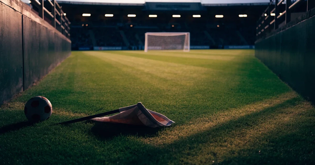 Blick durch ein Stadiontor auf einen grünen Rasen im Abendlicht, ein Ball ruht an der Eckfahne, die Tribünen sind leer.