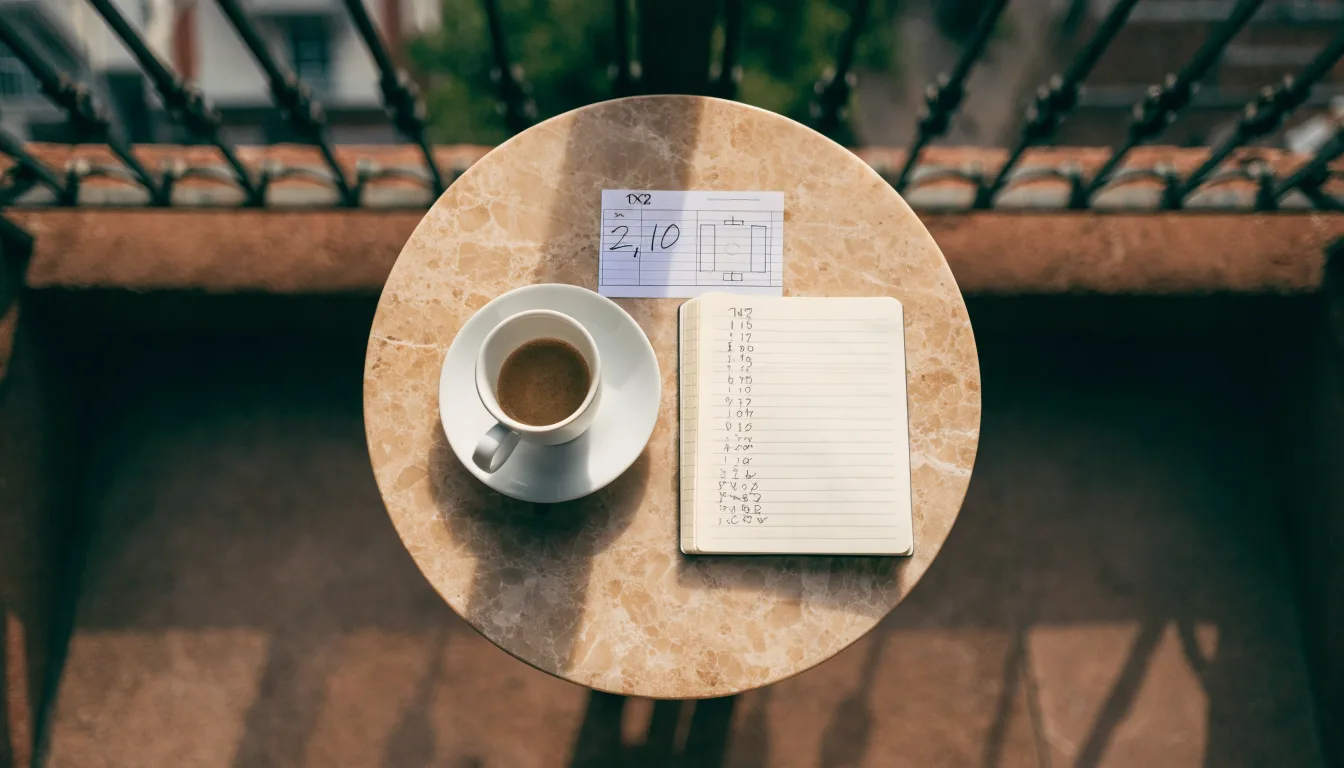 Eine Espressotasse steht auf einem kleinen Marmortisch einer Terrasse, daneben ein Notizheft mit handschriftlichen Skizzen.