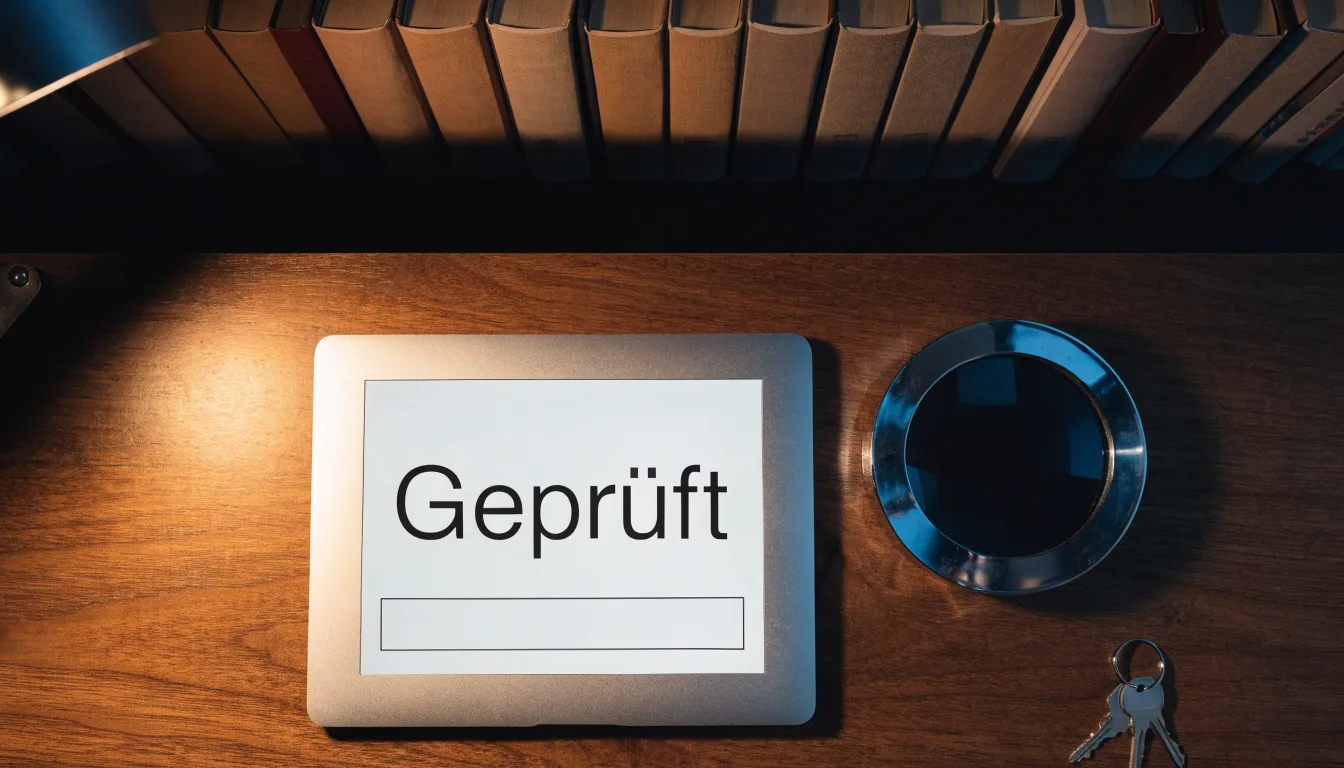 Ein Schlüsselbund und eine Lupe liegen auf einem dunklen Holztisch, im Hintergrund unscharf ein Regal mit Büchern.