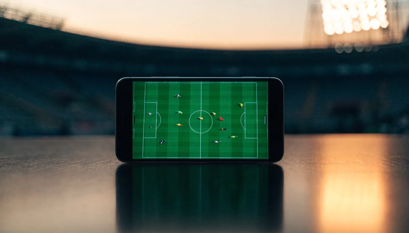 Eine leere Stadiontribüne unter Flutlicht aus der Ferne betrachtet, die Rasenfläche leuchtet grün in der Dämmerung.