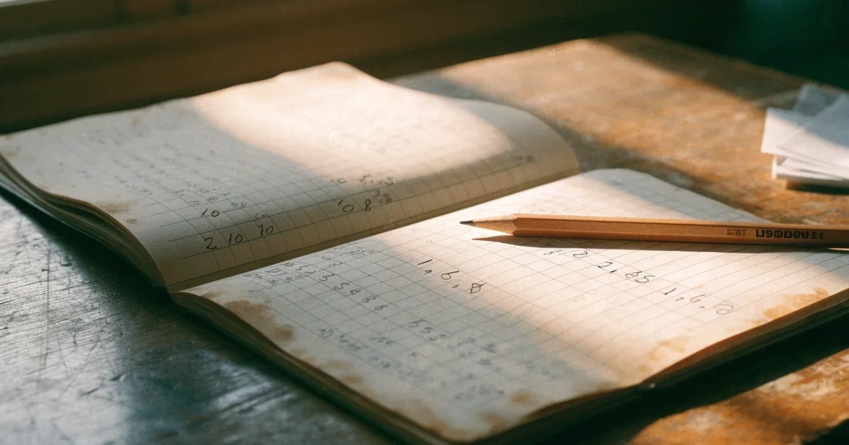 Ein aufgeschlagenes Notizbuch mit handschriftlichen Zahlenreihen und ein Bleistift liegen neben einem Taschenrechner auf einem Schreibtisch.