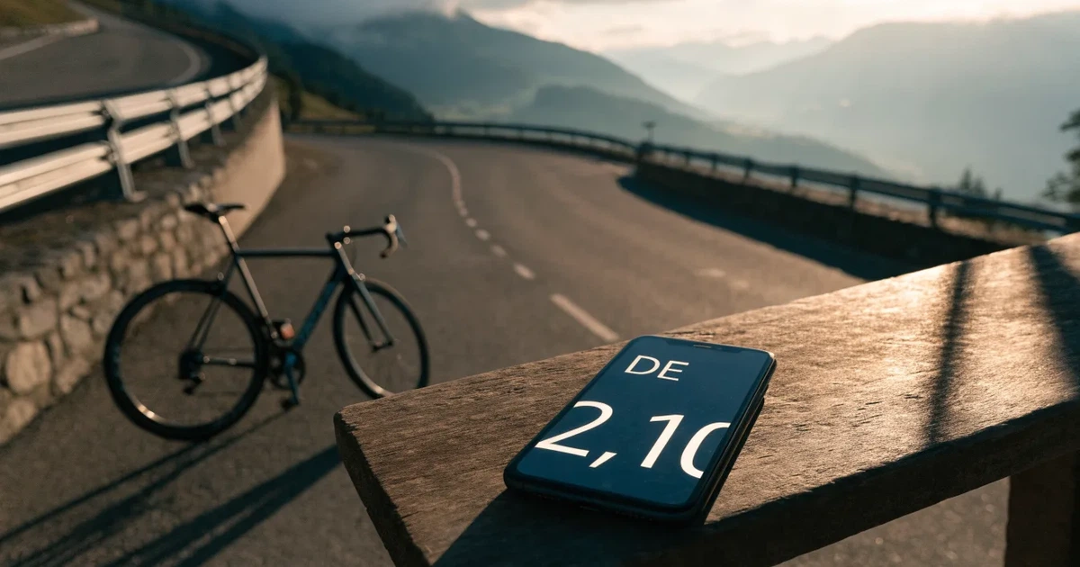 Eine leere Landstraße schlängelt sich im Morgenlicht durch einen Gebirgspass, am Straßenrand liegt ein einzelnes Rennrad im Gras.