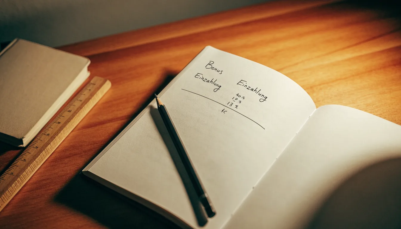Ein Notizbuch mit handschriftlichen Rechnungen und ein Taschenrechner liegen auf einem aufgeräumten Schreibtisch in warmem Licht.