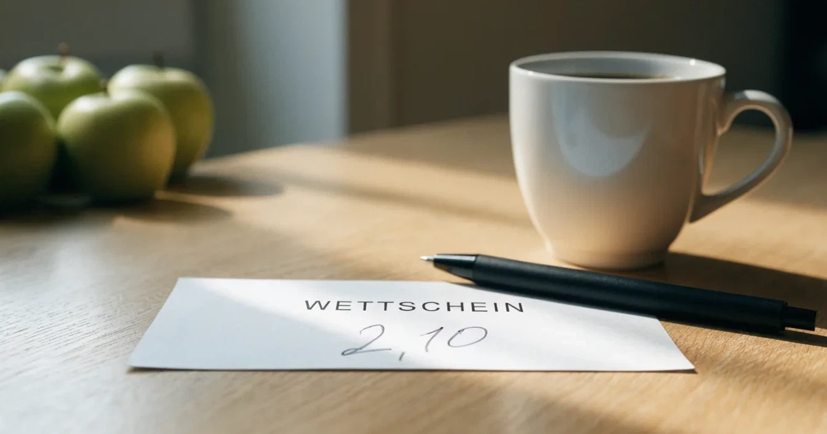 Ein leerer Papier-Wettschein liegt neben einem Kugelschreiber und einer Kaffeetasse auf einem hellen Holztisch, Tageslicht von links.