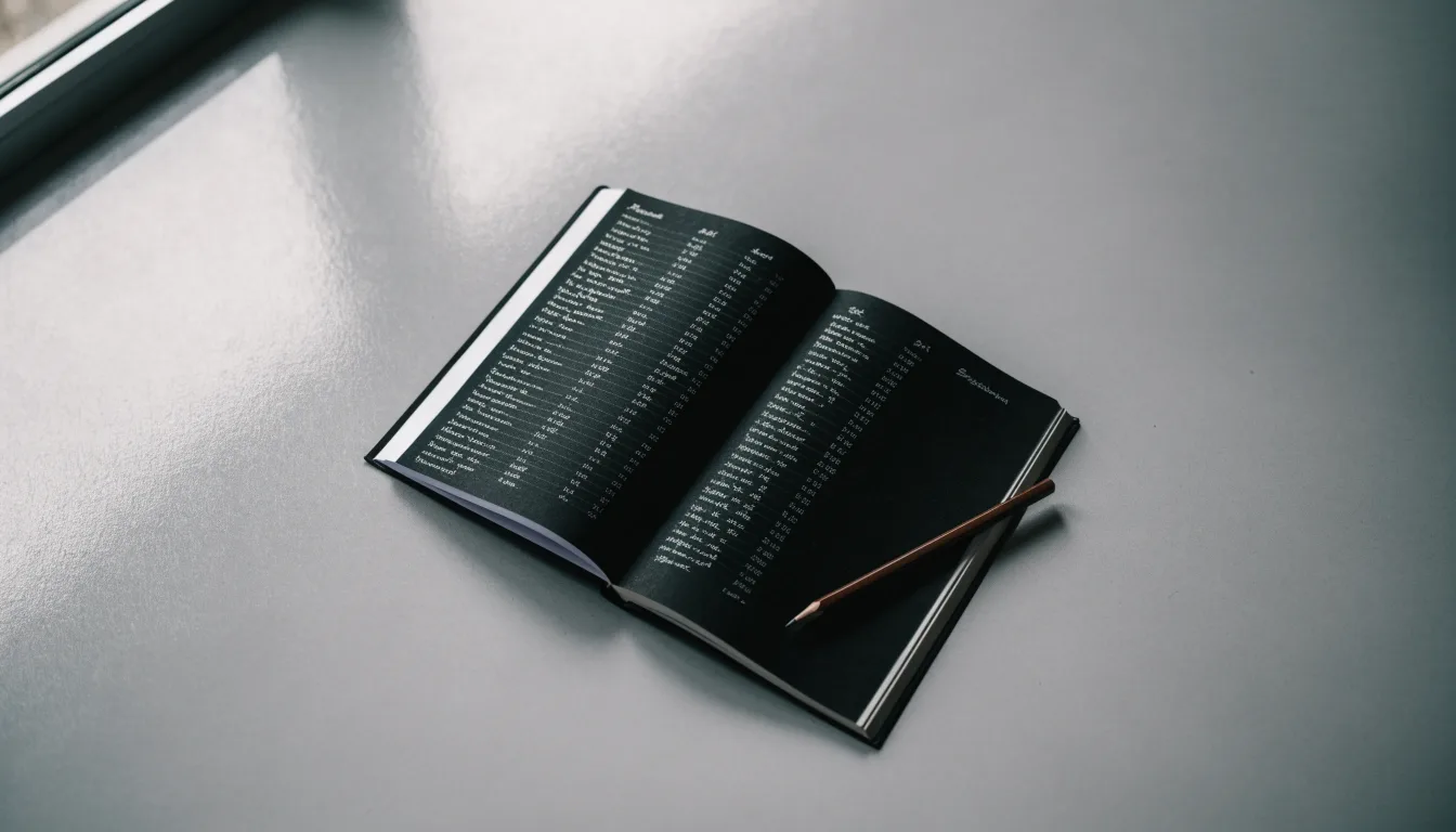 Ein Taschenrechner, ein Bleistift und ein Block mit handschriftlichen Zahlenreihen liegen auf einer grauen Arbeitsfläche.