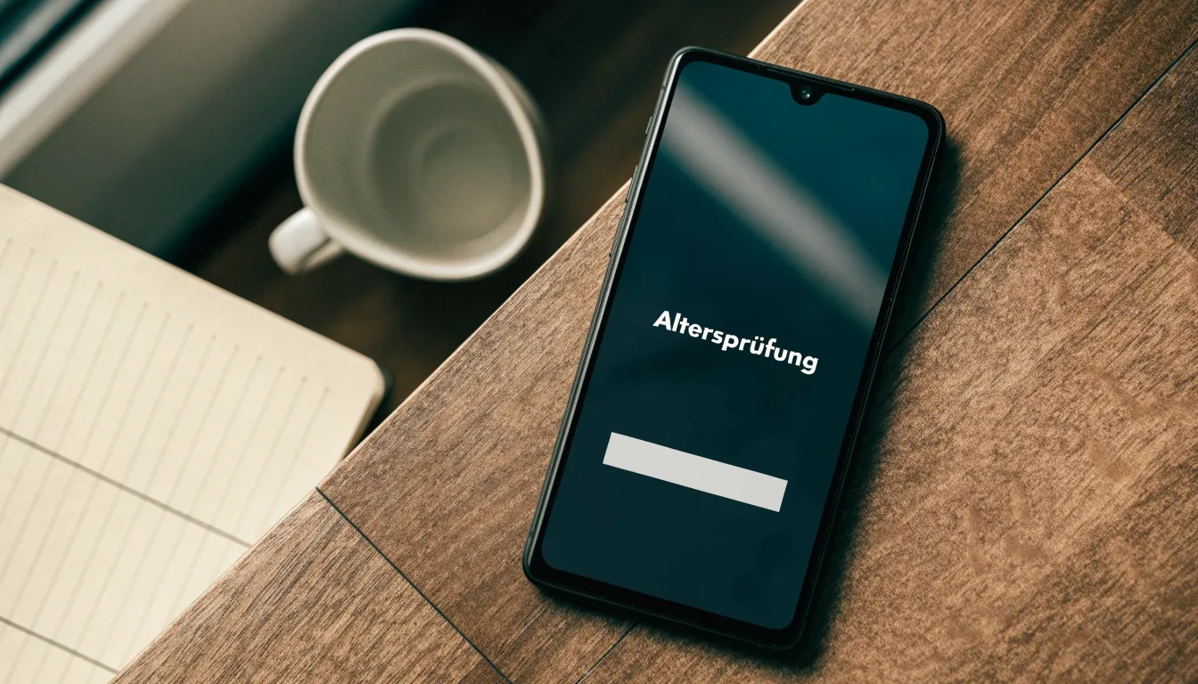 Ein Smartphone liegt mit dunklem Display auf einem Schreibtisch neben einem Notizbuch und einer Kaffeetasse.