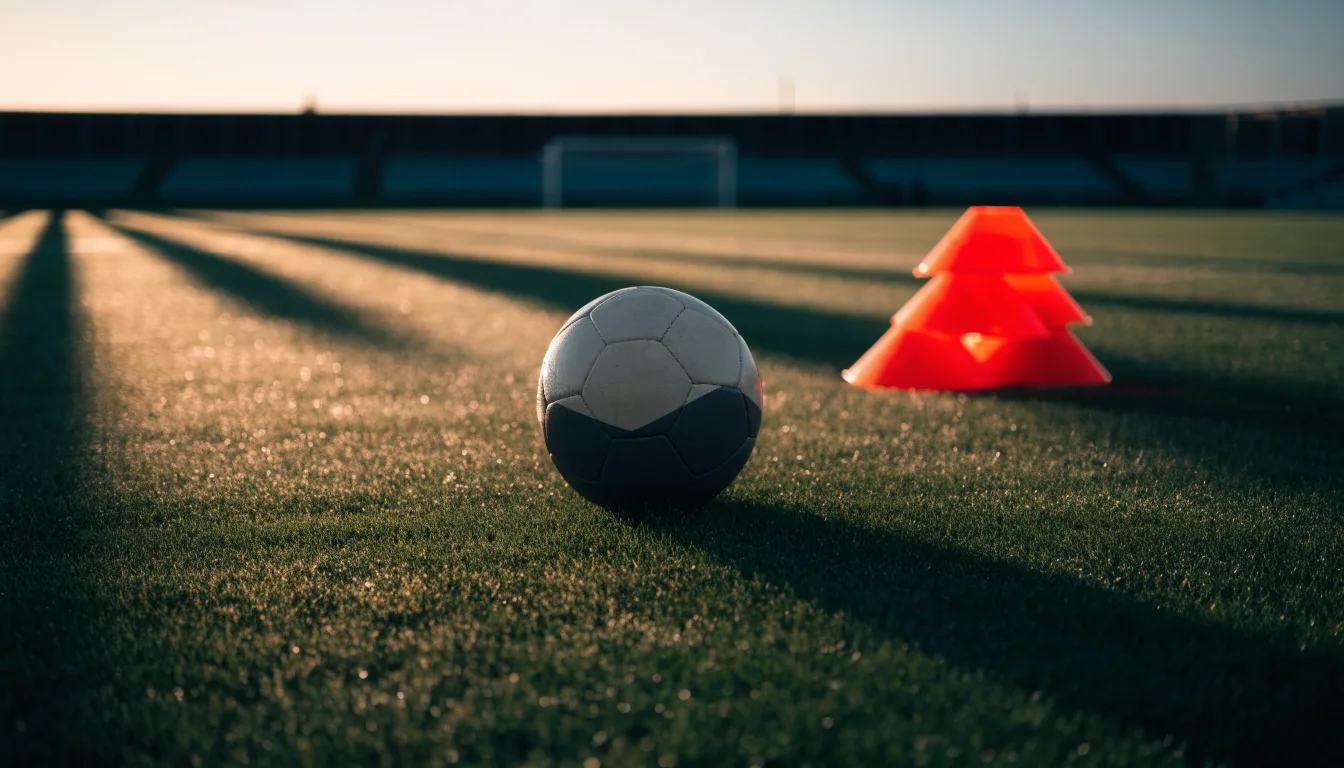 Ein Fußball liegt auf einem Rasenplatz bei Sonnenaufgang, daneben ein kleiner Stapel Trainingshütchen.