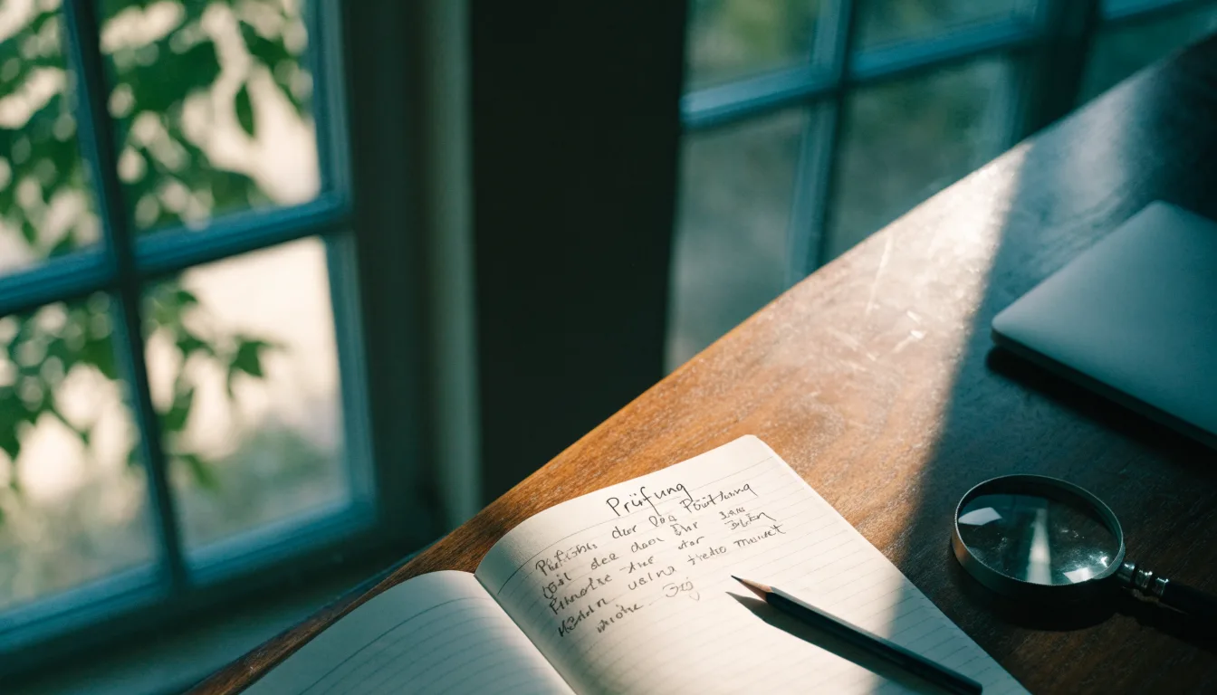 Ein schmaler Schreibtisch am Fenster mit einem Notizbuch, einer Lupe und einem Bleistift im Morgenlicht.