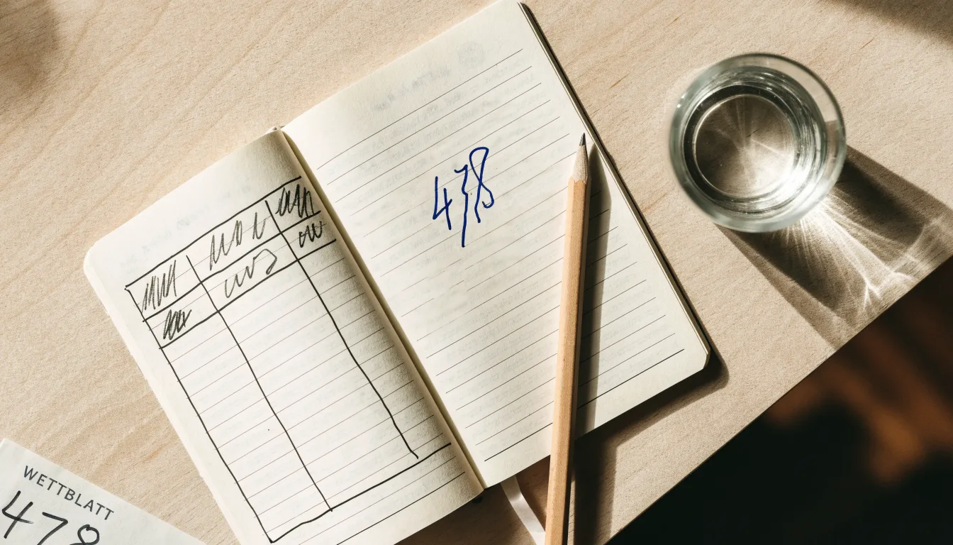 Ein Notizbuch mit handgezeichneten Spalten und ein Bleistift liegen auf einem hellen Holztisch neben einem Glas Wasser.