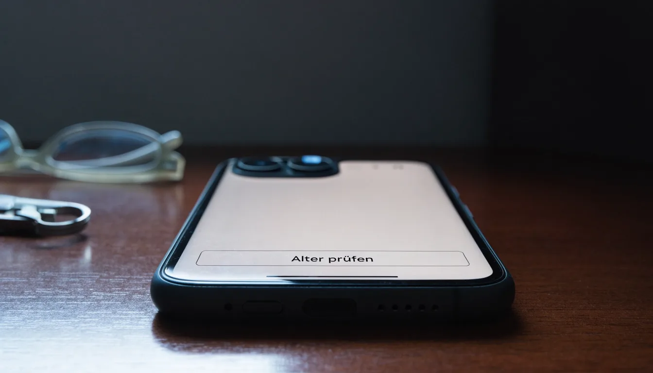 Ein Smartphone liegt mit dunklem Display auf einem Schreibtisch neben einem Schlüsselbund und einer Brille.