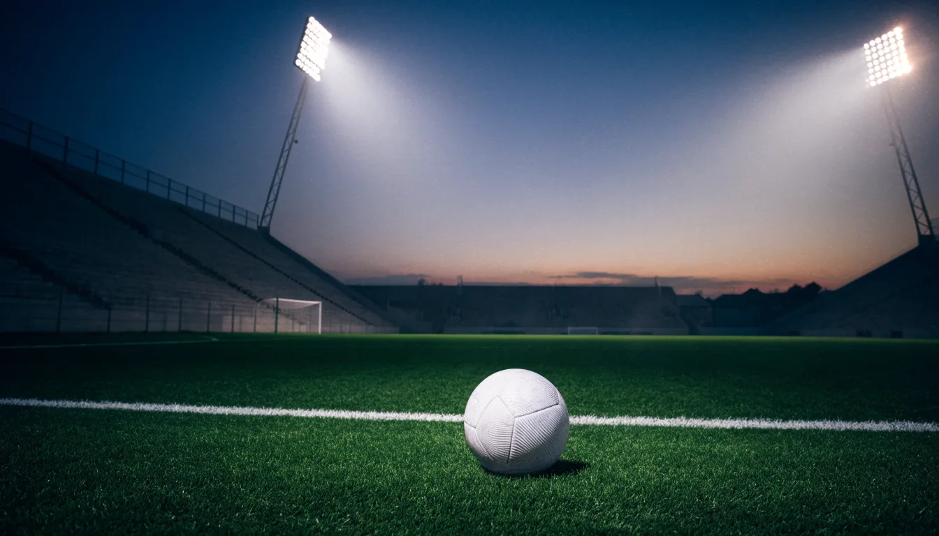 Eine leere Stadiontribüne unter Flutlicht aus der Ferne betrachtet, die Rasenfläche leuchtet grün in der Dämmerung.