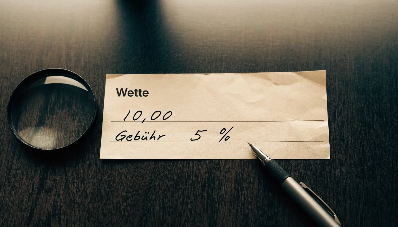 Ein leerer Wettschein aus Papier und ein Kugelschreiber liegen auf einem Schreibtisch neben einer Lupe.