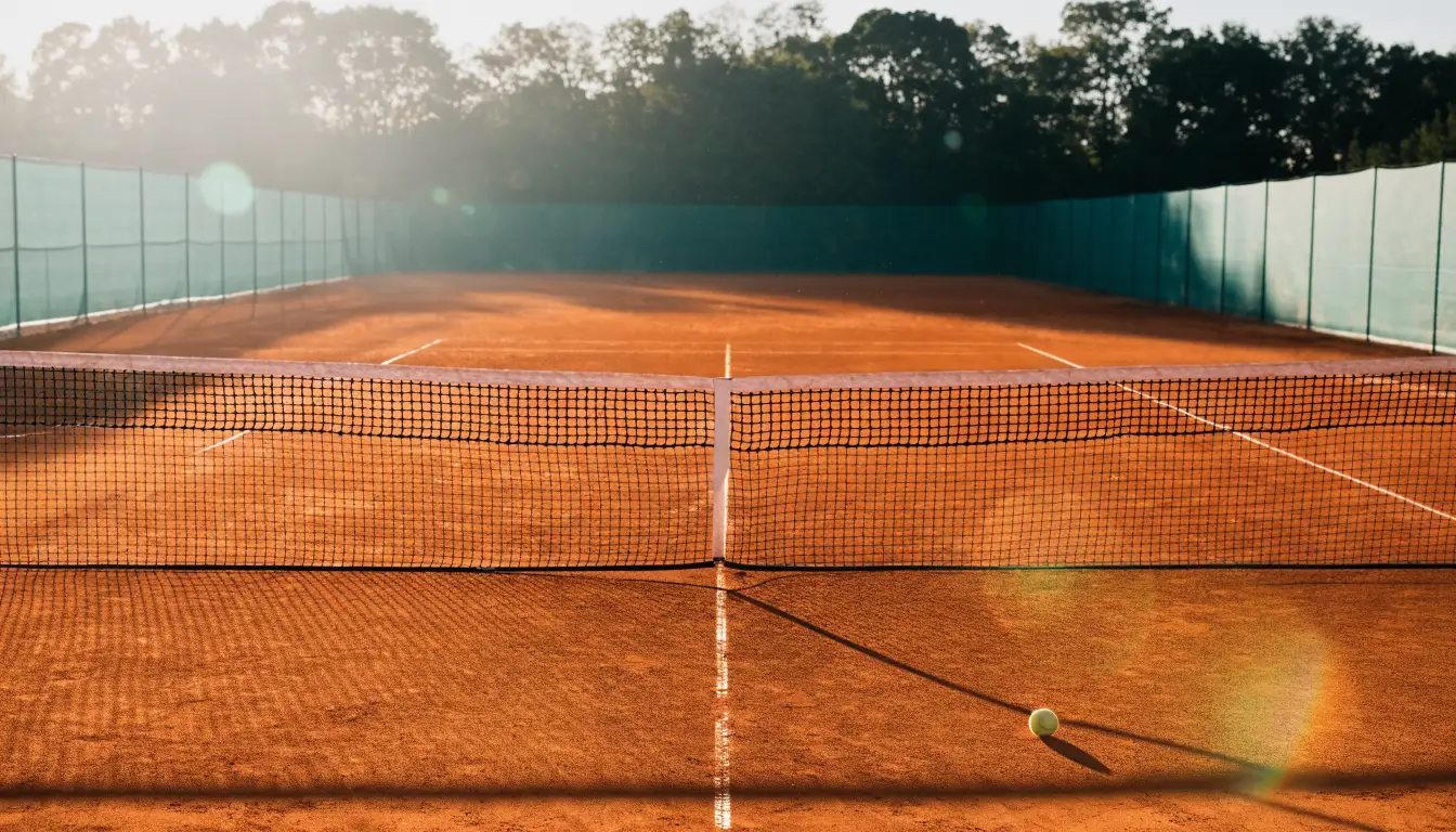 Ein Tennisplatz aus Sand bei Sonnenaufgang, das Netz im Gegenlicht, kein Mensch zu sehen.