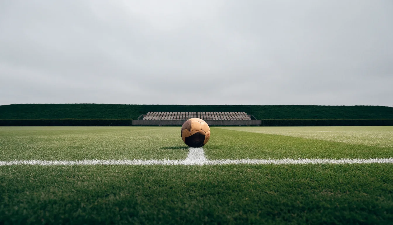 Ein Fußball liegt auf dem Anstoßpunkt eines leeren Rasenplatzes, im Hintergrund eine ruhige Tribüne unter bedecktem Himmel.