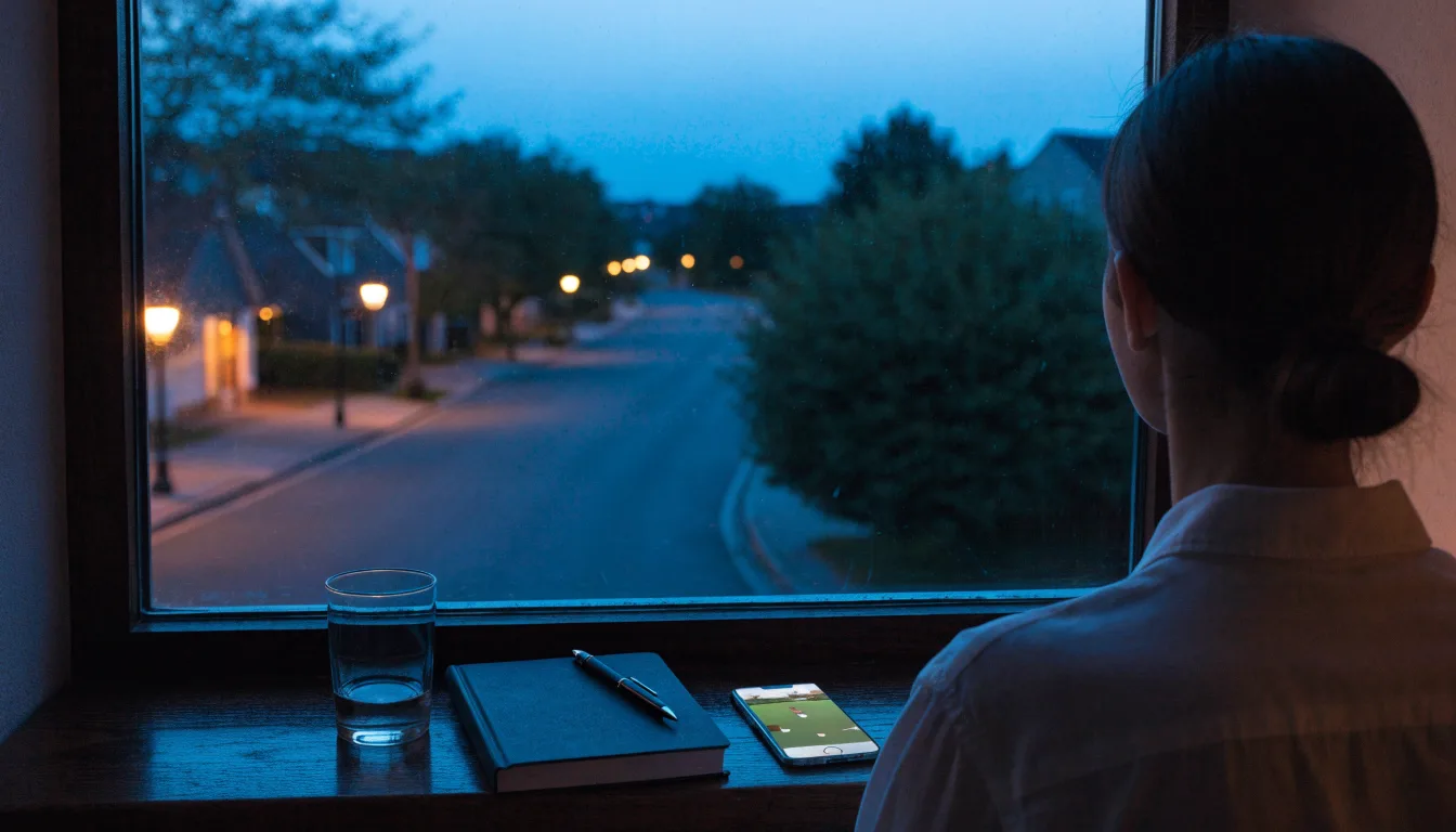 Die Silhouette einer Person sitzt am Abend am Fenster und blickt auf eine Straße, auf dem Fensterbrett steht ein Glas Wasser.