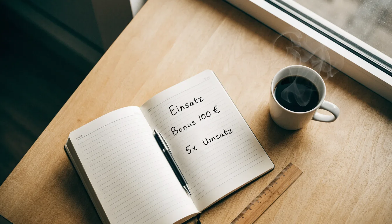 Ein Notizbuch mit handgeschriebenen Rechnungen und ein Taschenrechner auf einem hellen Schreibtisch neben einer Tasse Tee.
