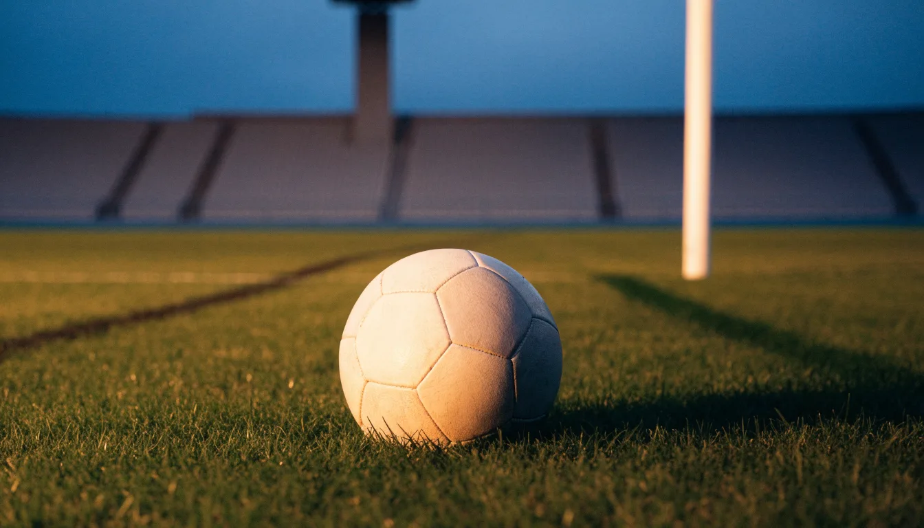 Ein Fußball liegt auf dem Rasen eines leeren Platzes, im Hintergrund ein Stadion unter Flutlicht in der Abenddämmerung.