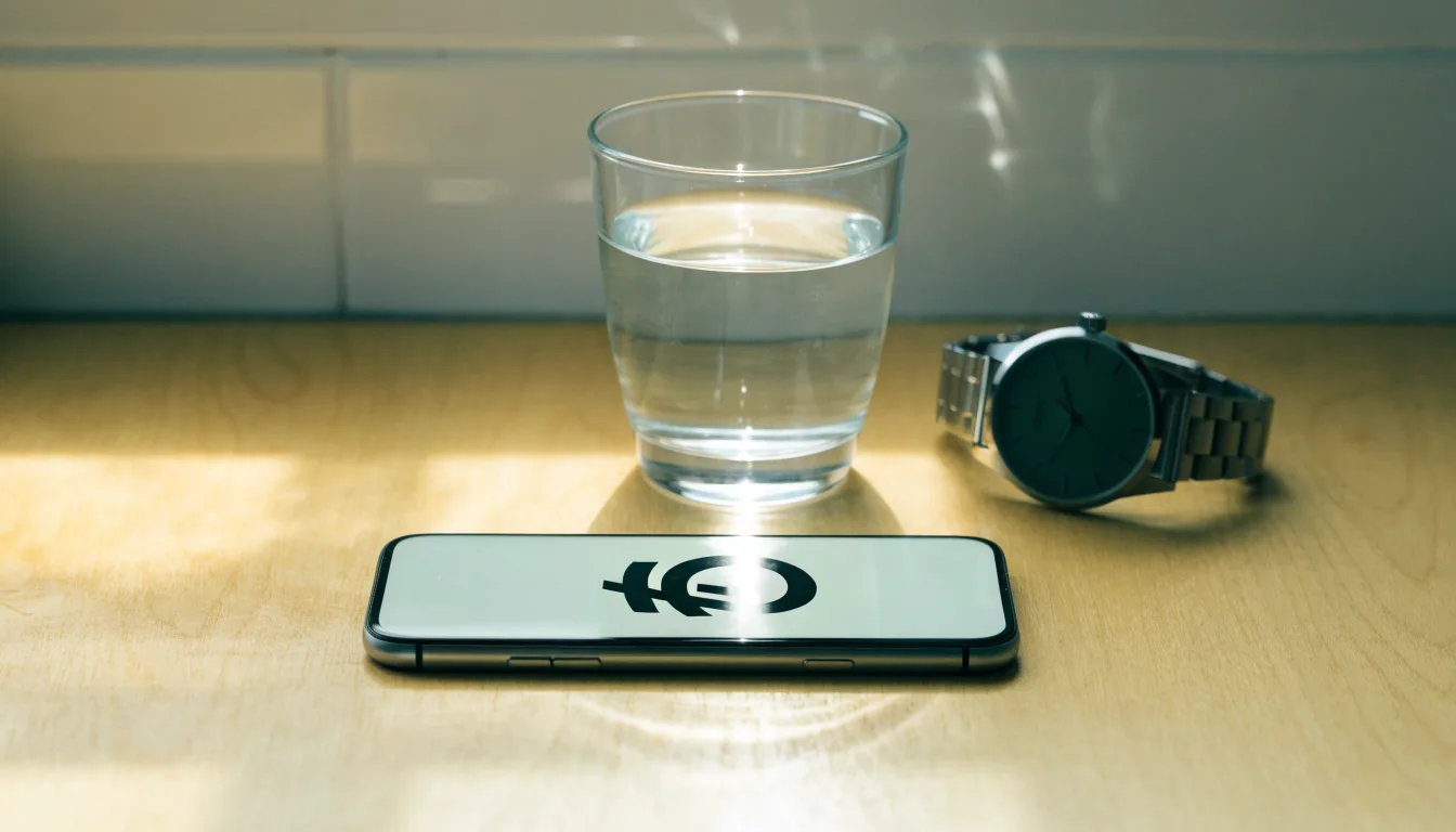 Ein Smartphone liegt mit dem Display nach unten auf einem Küchentisch, daneben stehen ein Glas Wasser und eine Armbanduhr.