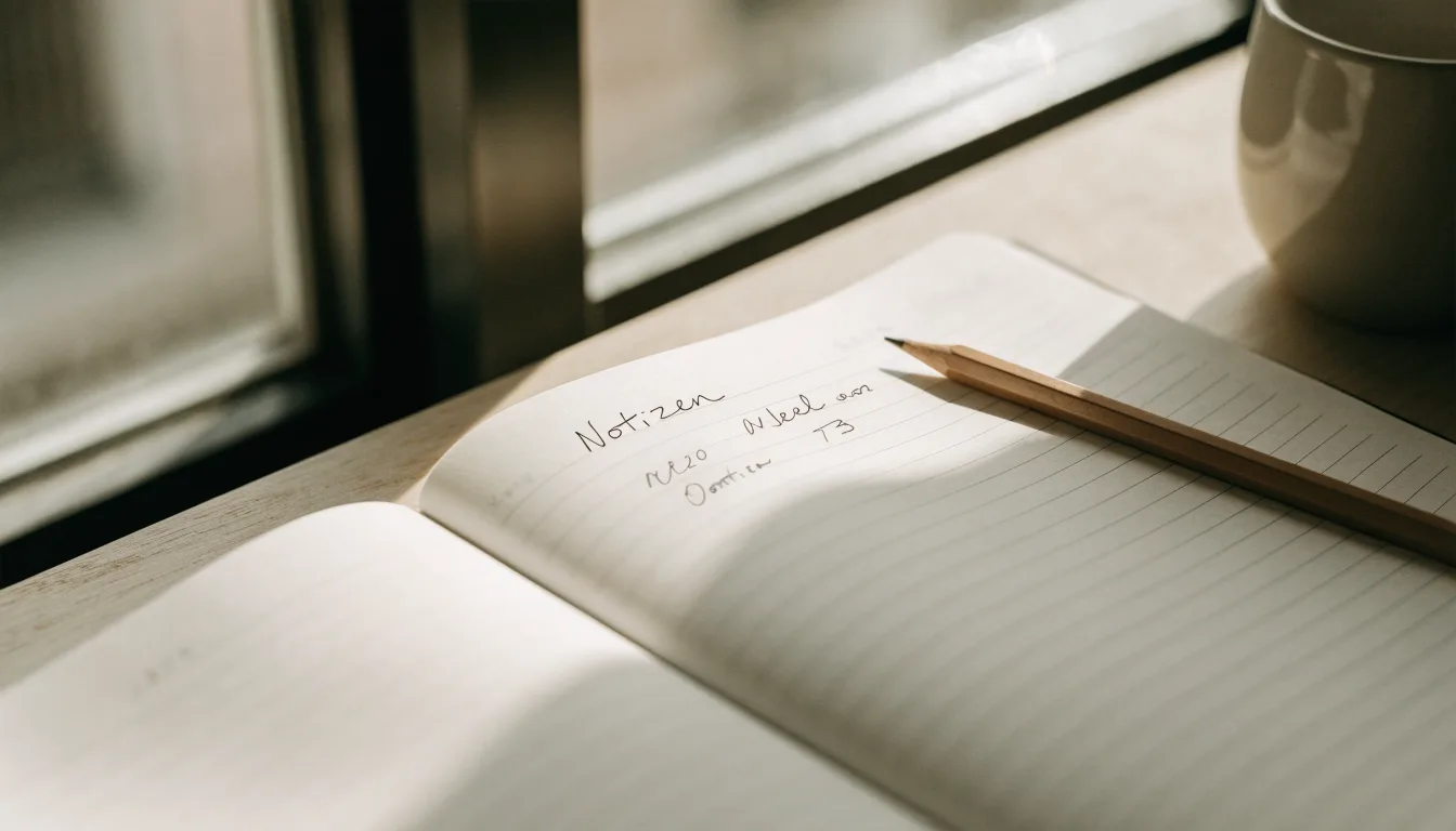 Ein Notizbuch mit handschriftlichen Notizen und ein Bleistift liegen auf einem Schreibtisch am Fenster, draußen fällt Morgenlicht herein.