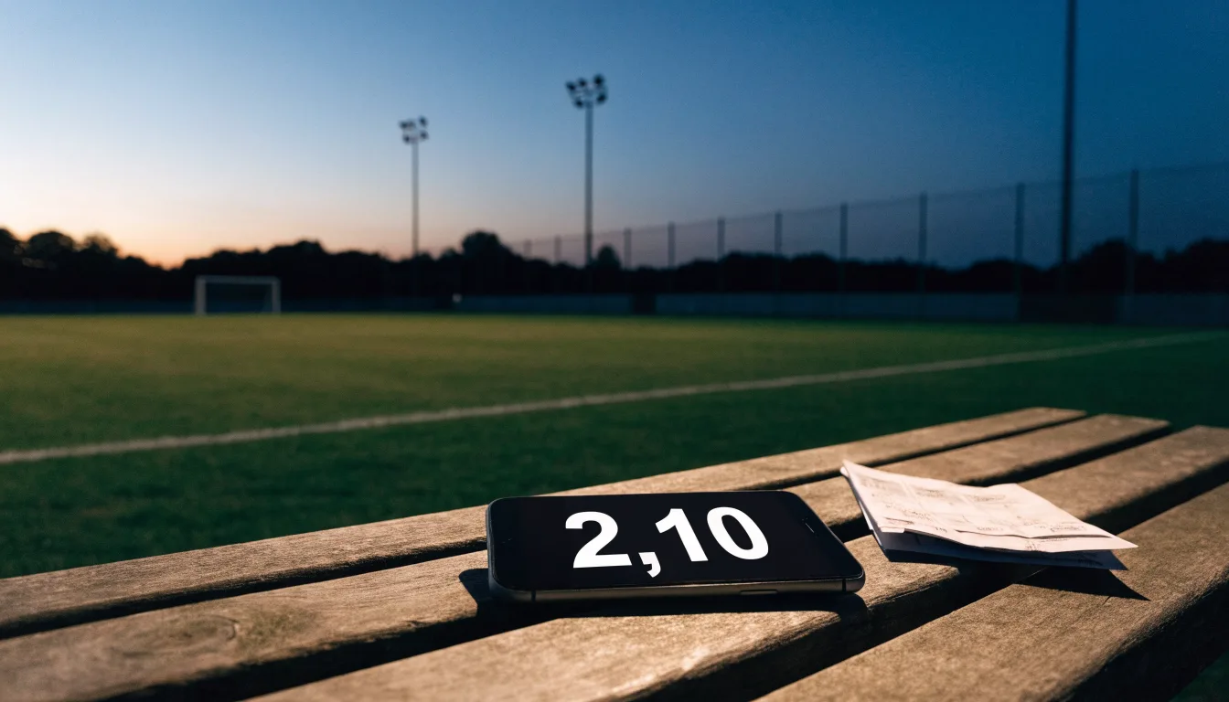 Eine leere Parkbank am Rand eines Fußballfelds in der Abenddämmerung, im Hintergrund ragen dunkle Flutlichtmasten in den Himmel.