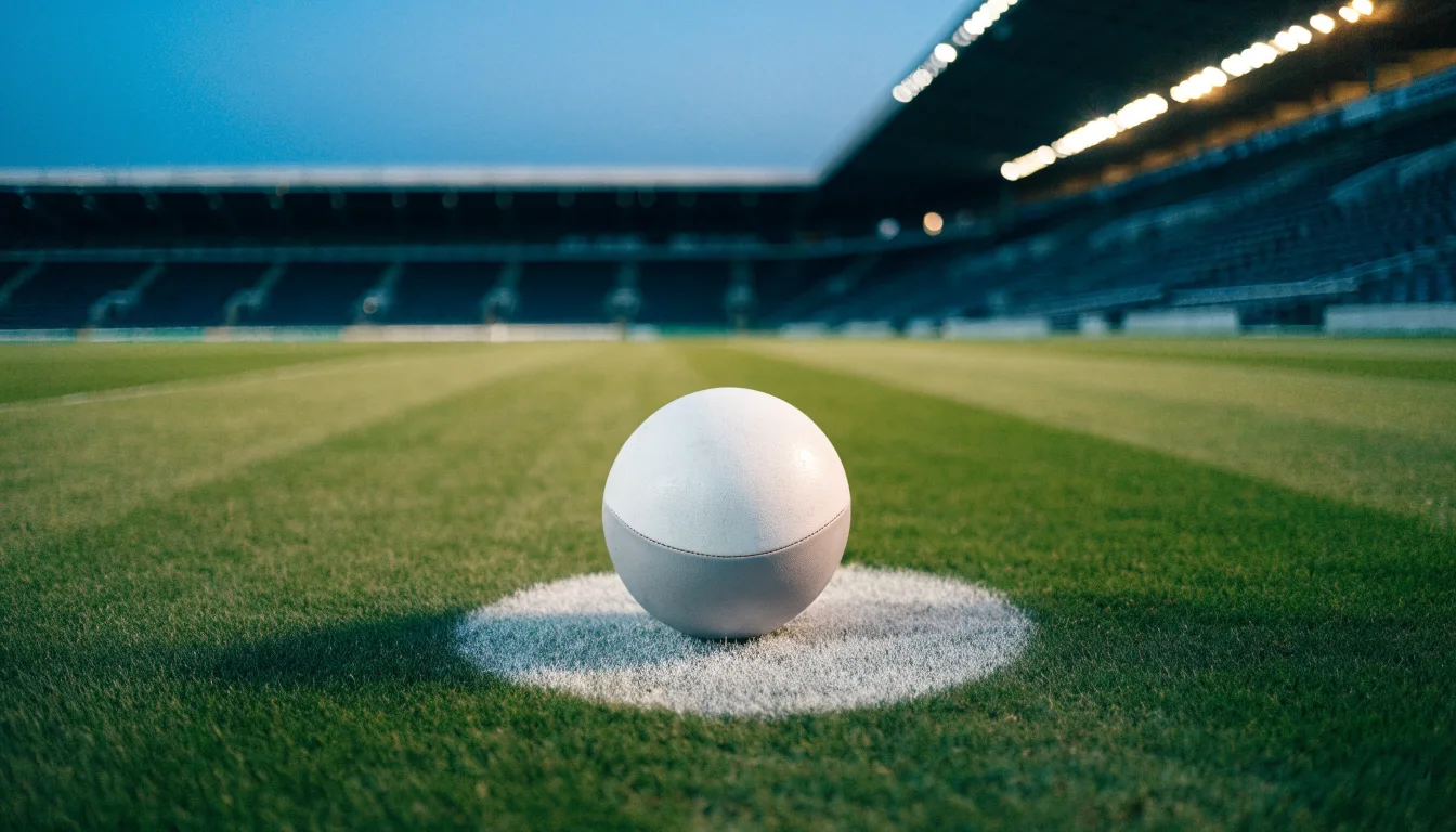 Ein Fußball liegt auf dem Anstoßpunkt eines leeren Rasenplatzes, im Hintergrund steht ein Stadion unter Flutlicht in der Dämmerung.