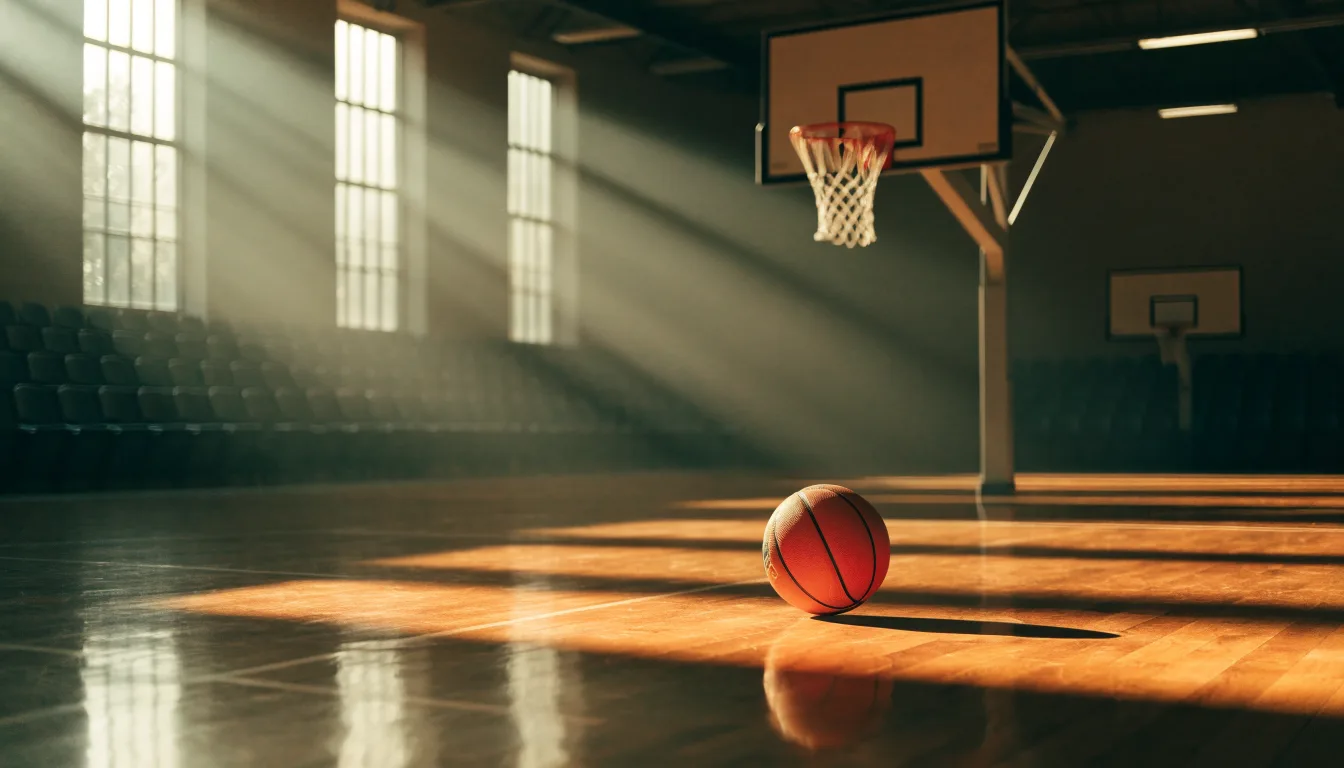 Ein Basketball liegt auf dem Hallenboden unter einem Korb, das Netz hängt ruhig, Morgenlicht fällt durch hohe Fenster.