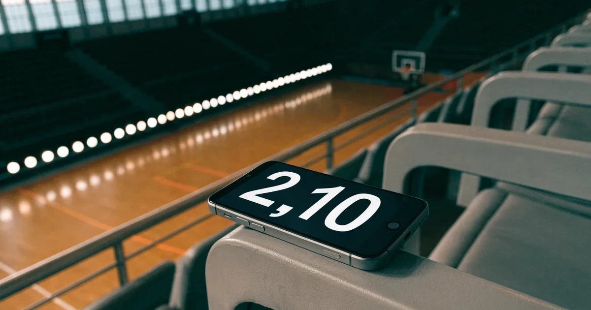 Eine leere Basketballhalle von einer oberen Tribünenreihe aus gesehen, Parkett und Körbe im Licht der Hallenstrahler.