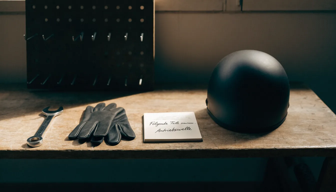 Ein schwarzer Motorradhelm ohne Aufdruck liegt auf einer Werkbank neben einem Schraubenschlüssel, warmes Licht einer Werkstatt.